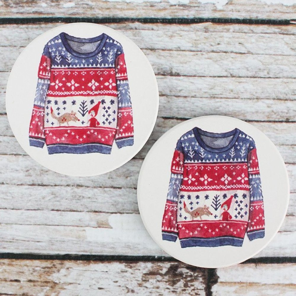 Ugly Christmas Sweater Stoneware Car Coaster Set-2 Piece Unisex NIP